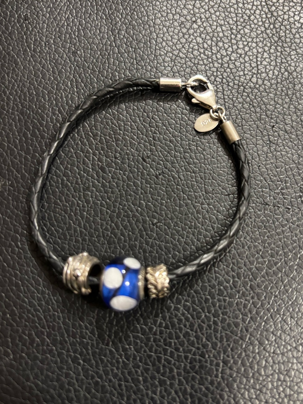 Sterling Silver 925 Leather Cord Bracelet, Lobster Clasp Blue/White Glass Bead